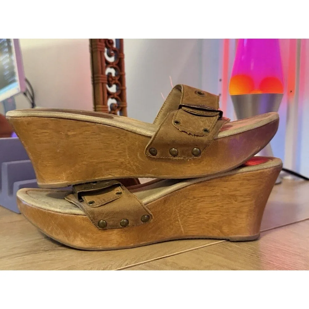 Dr Scholl’s The Original Big Buc Wooden Wedge Heel Vintage Tan Leather Size 9